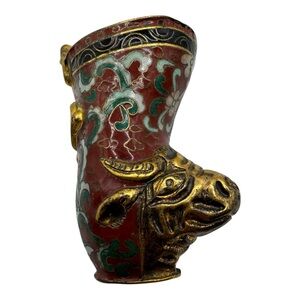 2.25” Chinese Cloisonné Bull Head‎ Figurine - Red with Gold Accents